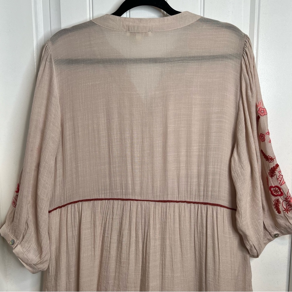 Fig + Flower‎ Tan Midi Dress with Burgundy Pink Embroidery. Size Large. - Picture 7 of 16